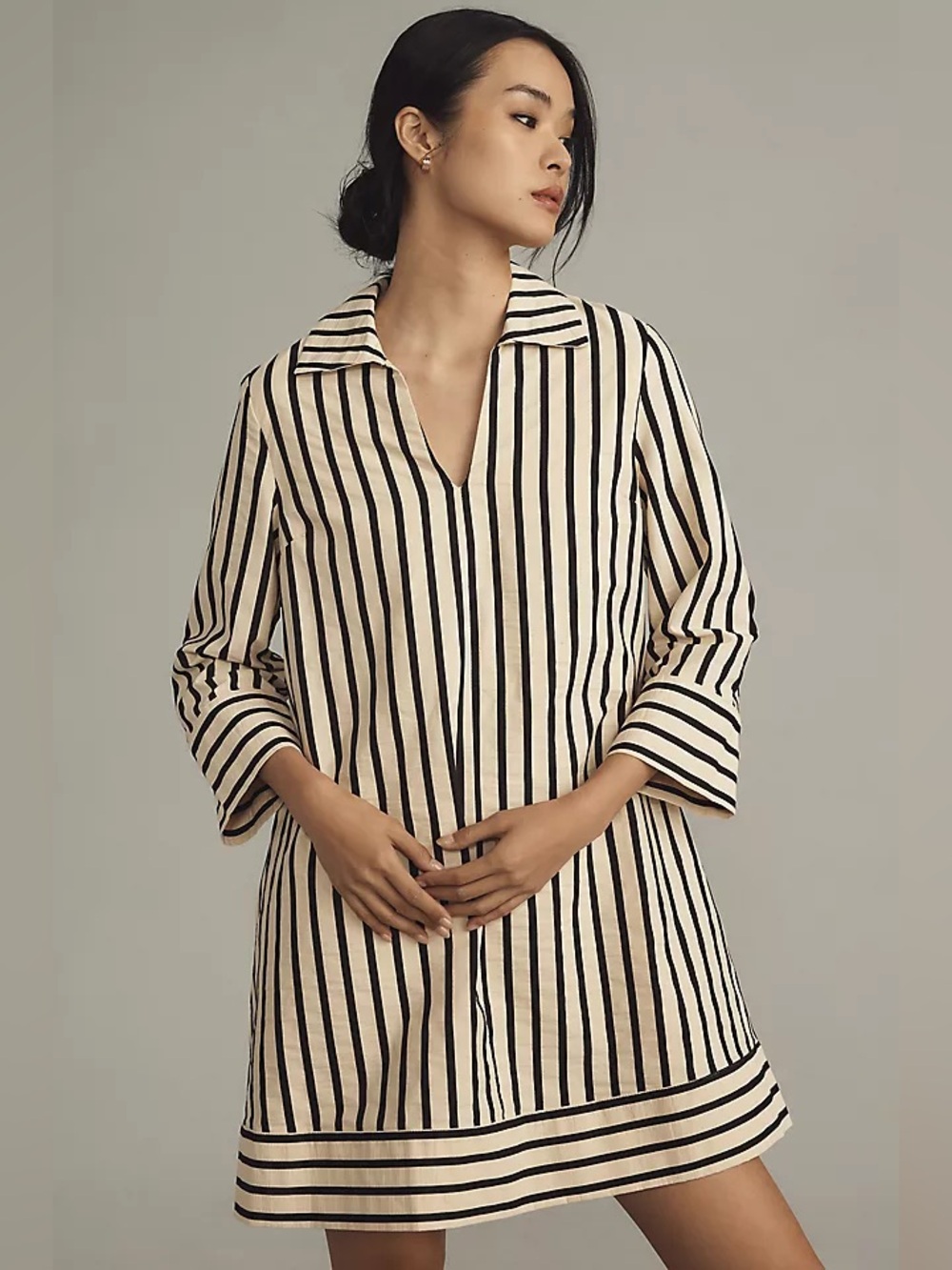 NWT English Factory Striped V-Neck Shift Dress in Cream and Black | XS
